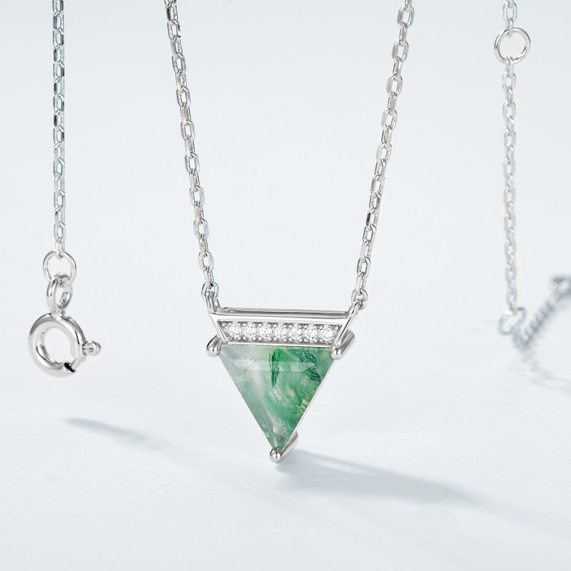 Triangle Cut Moss Agate Sparkle Accent Necklace For Girlfriend - "Mystic Pyramid"