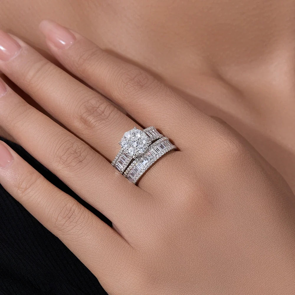 Sculpted Round Cut 2.0ct Pave Ring Sets In Sterling Silver
