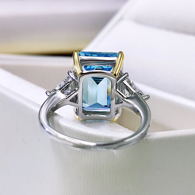 Bright Emerald Cut Blue Stone Sterling Silver Engagement Ring