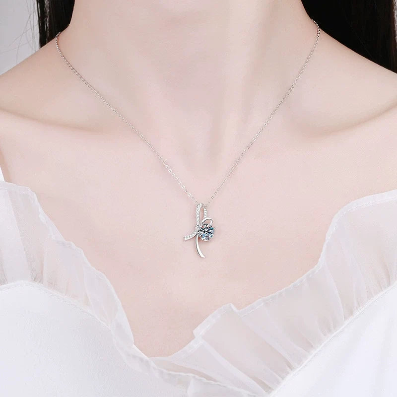 Moissanite Round Cut Ribbon 925 Sterling Silver Necklace
