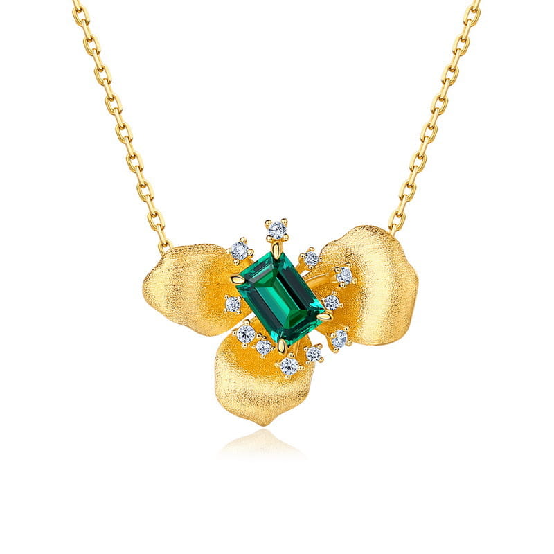 Gold Plated Sterling Silver Lab-Grown Emerald Flower Necklace