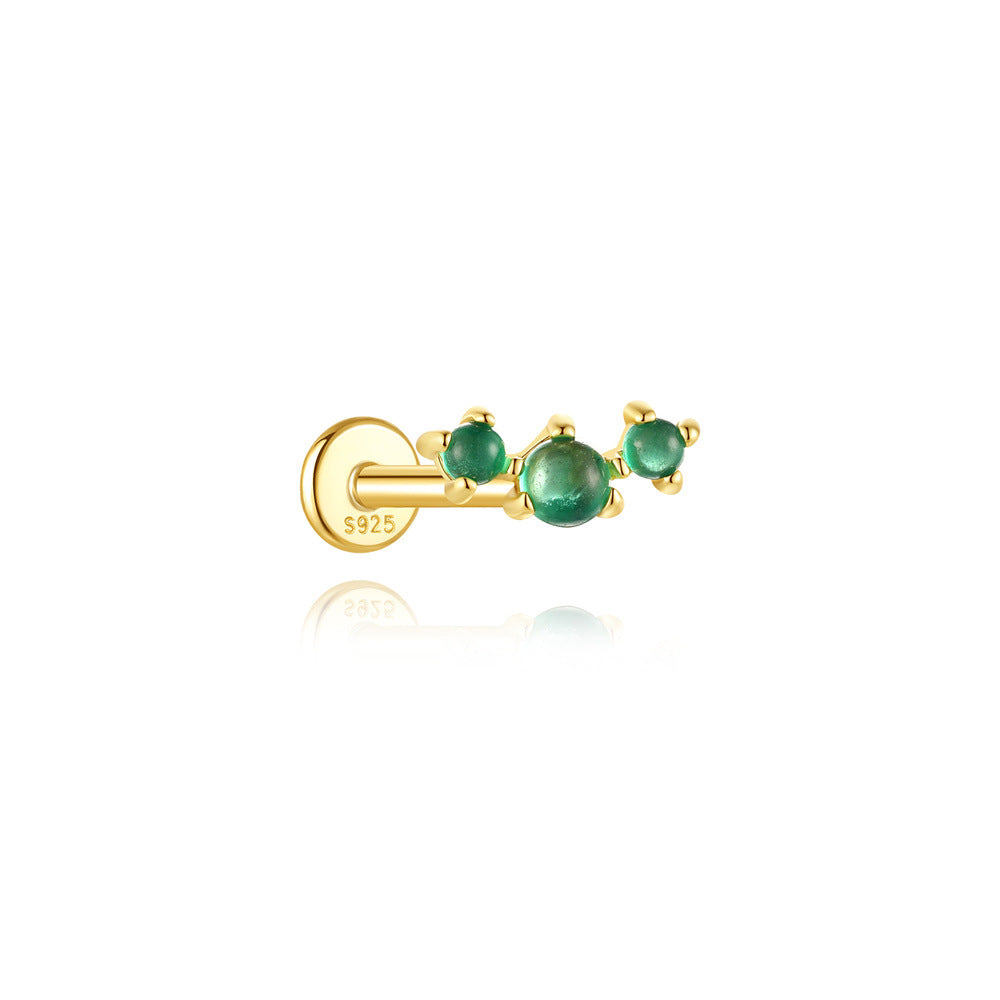S925 Sterling Silver Gold Plated Three-Stone Green Zircon Linear Flat Back Cartilage Earring