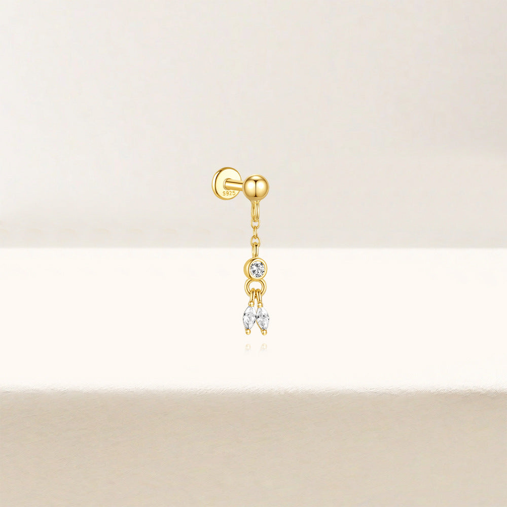 S925 Sterling Silver Gold Plated Round & Marquise CZ Chain Dangle Flat Back Cartilage Earring