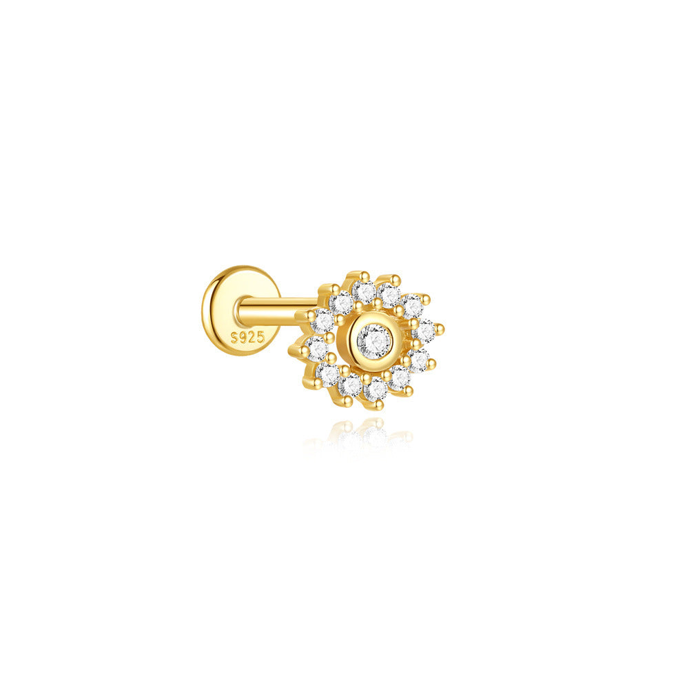 S925 Sterling Silver Gold Plated Sunflower Round CZ Flat Back Cartilage Earring