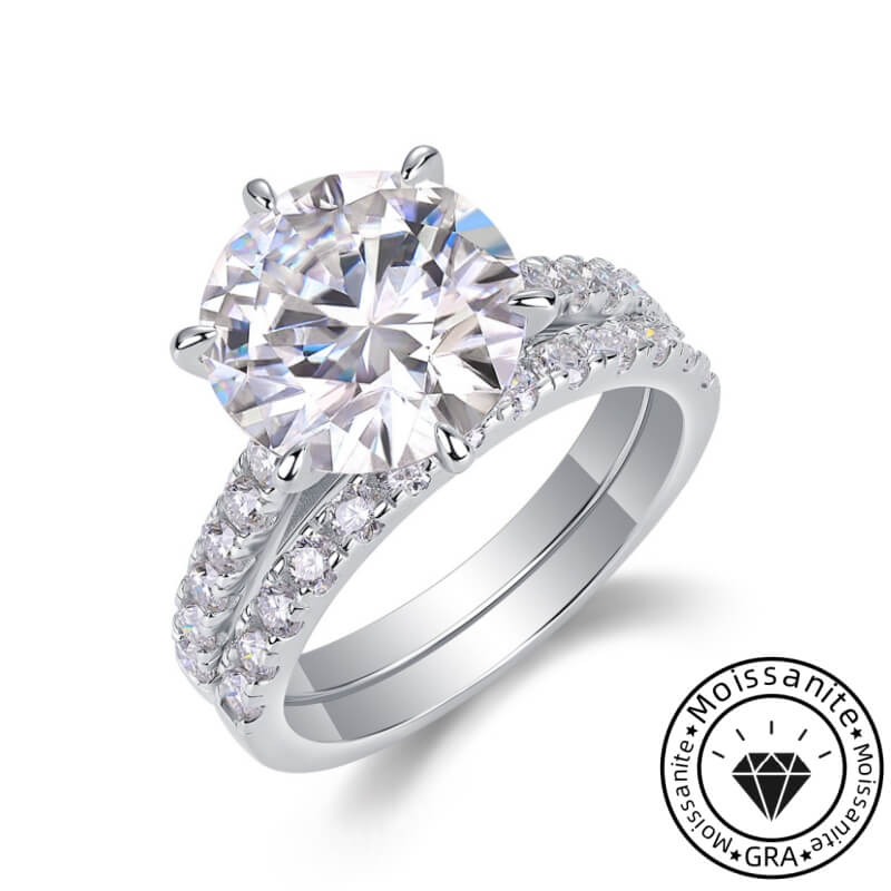 Round Cut Moissanite White Gold Plated 925 Sterling Silver Bridal Set Rings