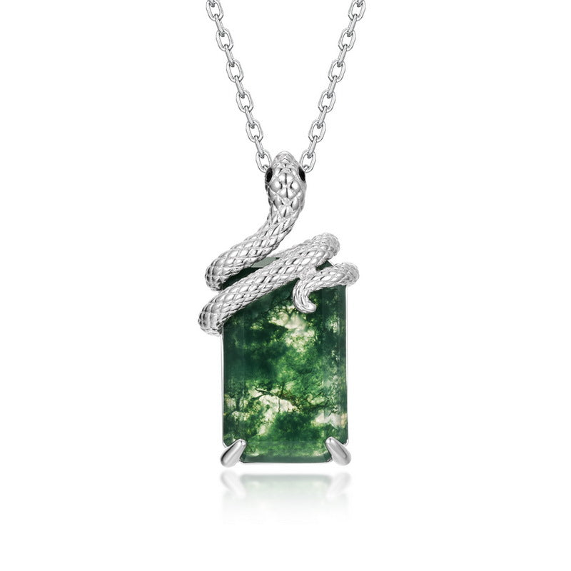 Emerald Cut Moss Agate Mystical Serpent Carved Nature Pendant Necklace - "Cloak"