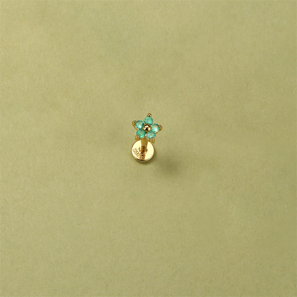 S925 Sterling Silver Gold Plated Green Zircon Flower Flat Back Cartilage Earring