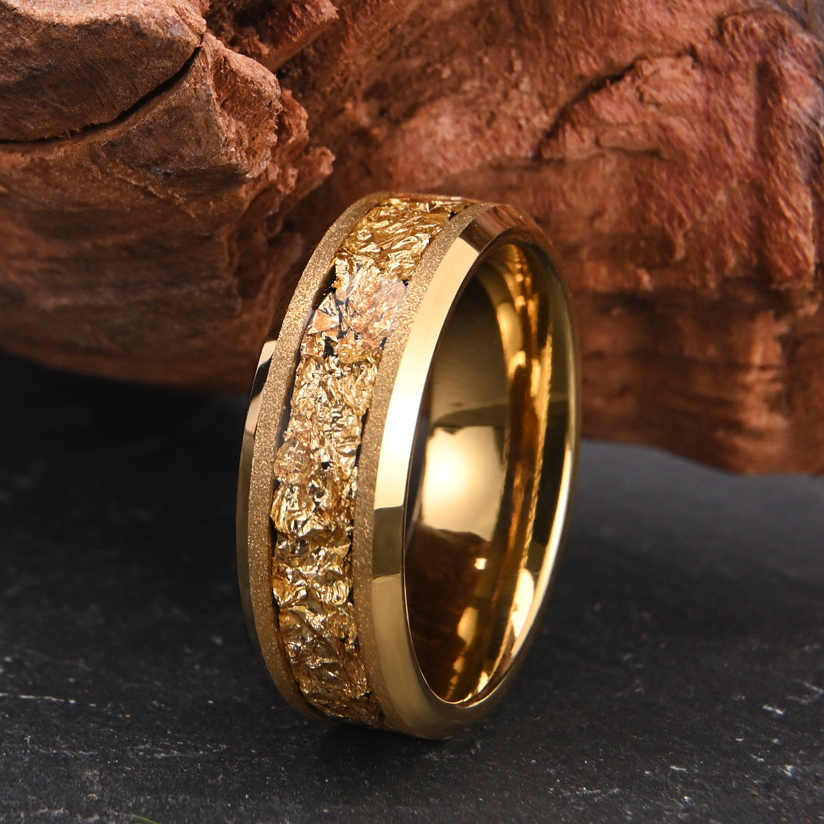 8mm tungsten steel sandblasted yellow gold inlaid with gold foil men's ring