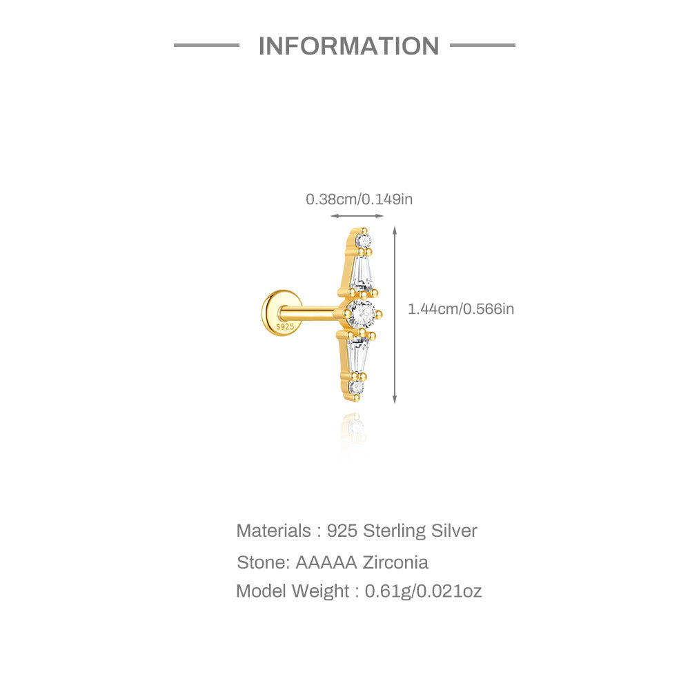 S925 Sterling Silver Gold Plated Round & Baguette CZ Linear Flat Back Cartilage Earring