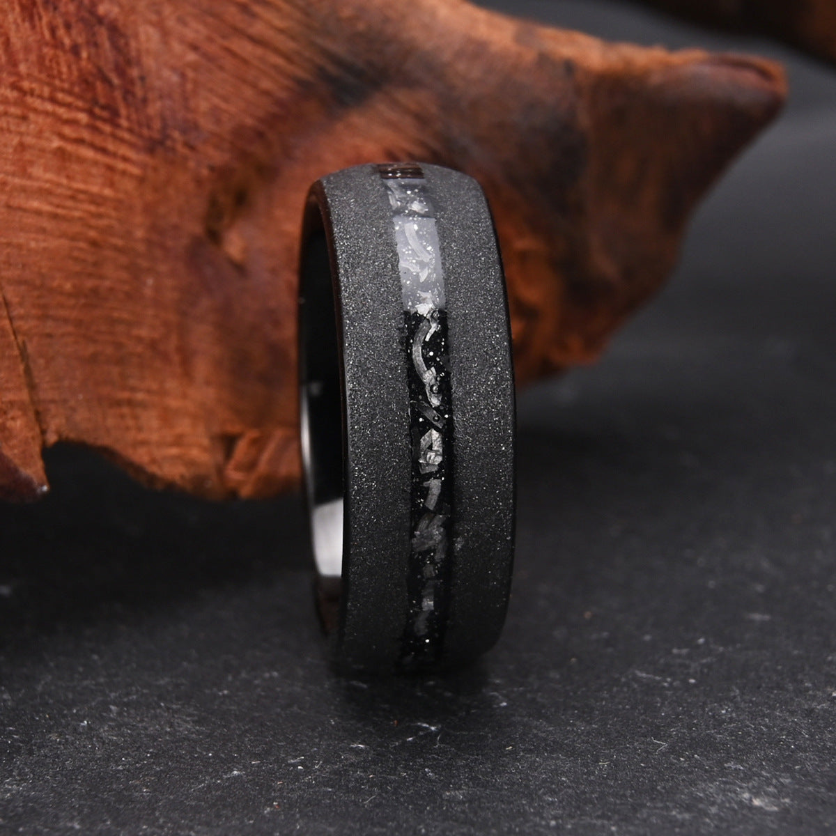 Tungsten steel curved sandblasted black meteorite ring men's wedding band