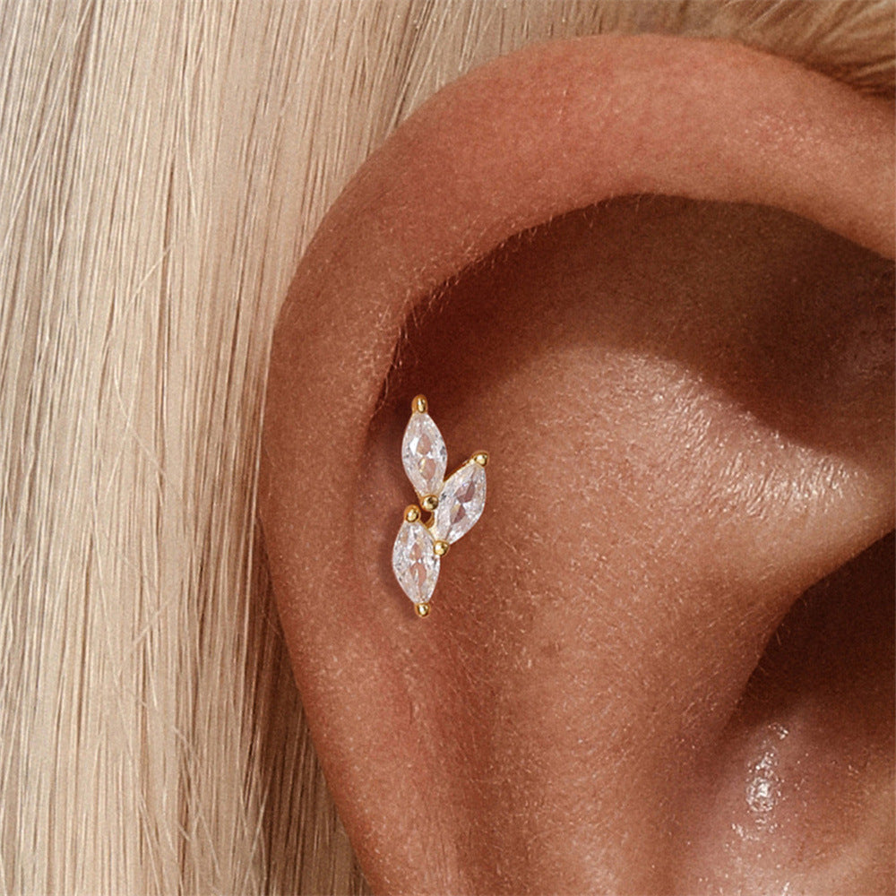 S925 Sterling Silver Gold Plated Three Marquise CZ Leaf Flat Back Cartilage Earring