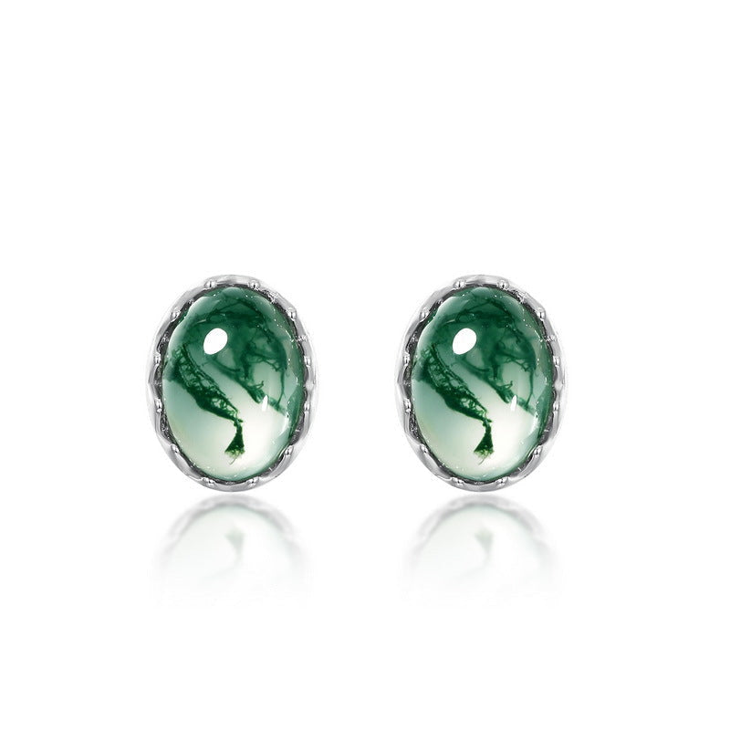 Mistral - Oval Cut Moss Agate Minimalist Classic Stud Earrings