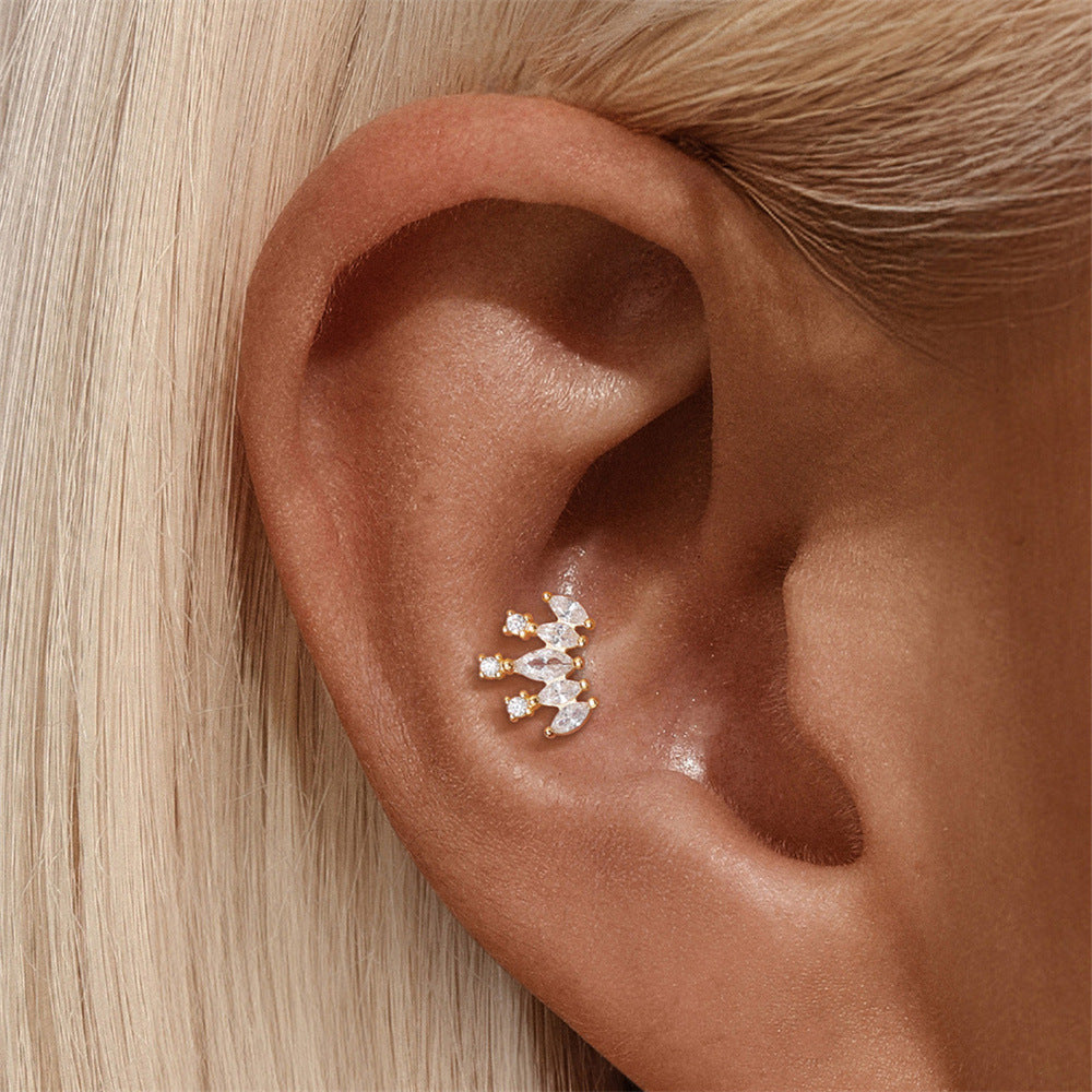 S925 Sterling Silver Gold Plated Marquise & Round CZ Crown Flat Back Cartilage Earring