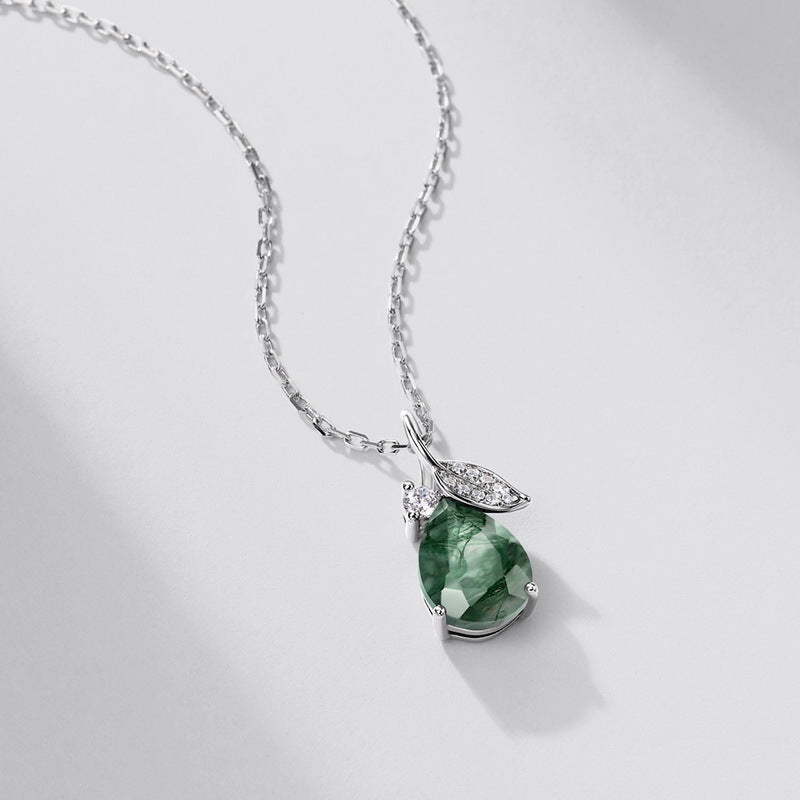 Women Green Moss Agate Crystal Necklace In Silver "Secret Garden"