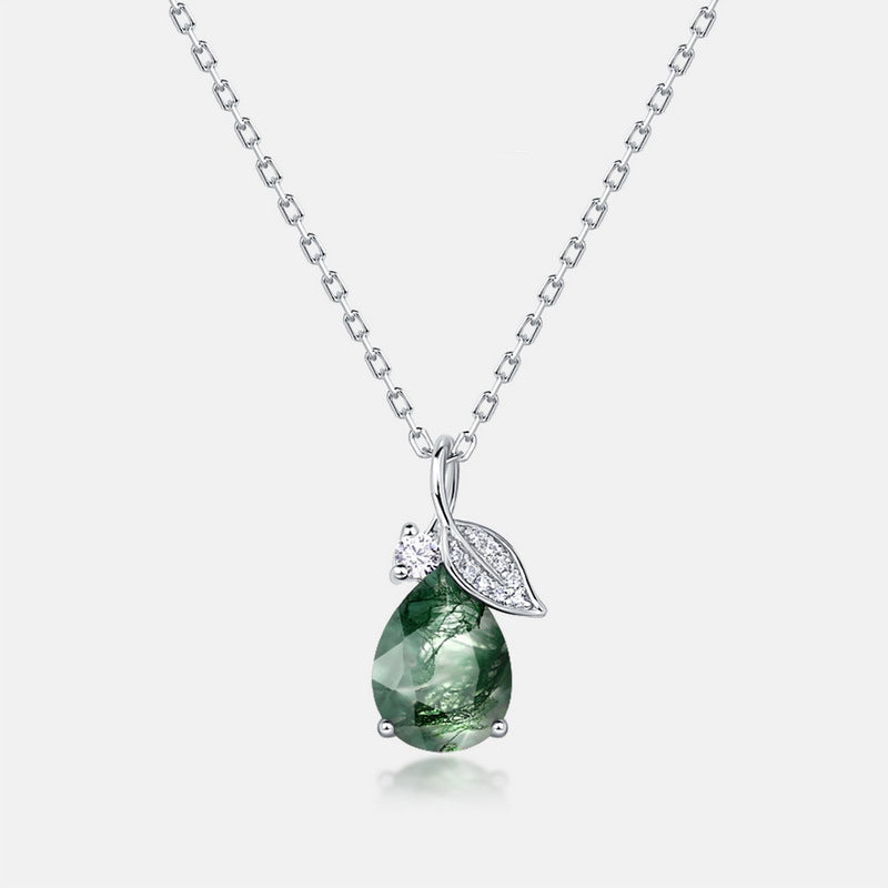 Women Green Moss Agate Crystal Necklace In Silver "Secret Garden"