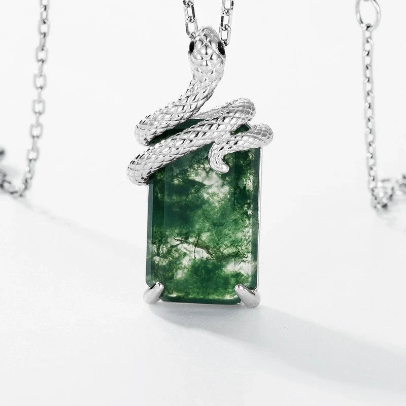 Emerald Cut Moss Agate Mystical Serpent Carved Nature Pendant Necklace - "Cloak"