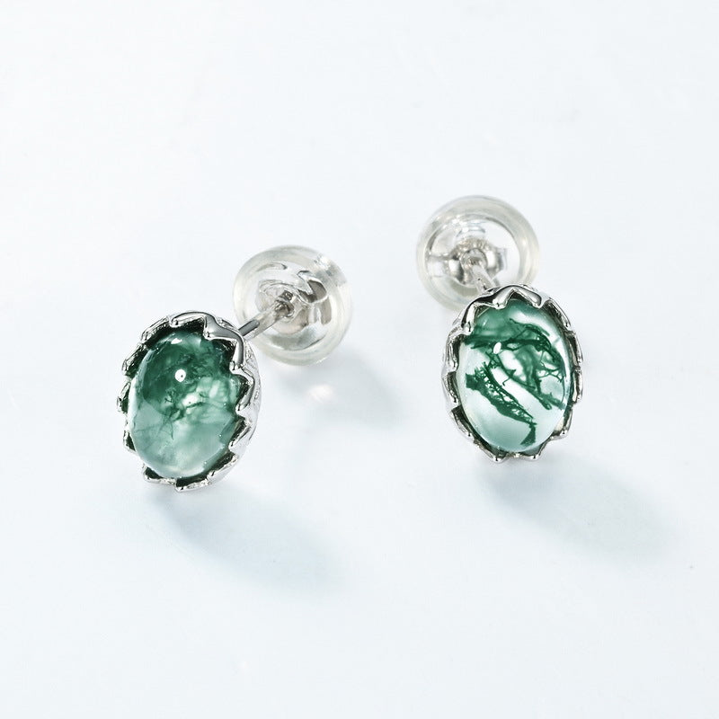 Mistral - Oval Cut Moss Agate Minimalist Classic Stud Earrings
