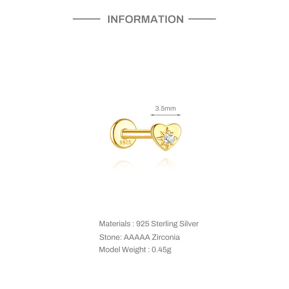 S925 Sterling Silver Gold Plated Heart with Starburst CZ Flat Back Cartilage Earring
