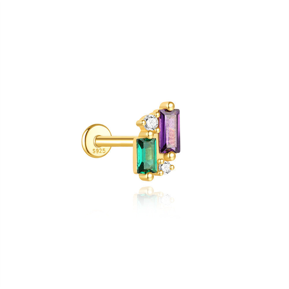 S925 Sterling Silver Gold Plated Multicolor Baguette & Round CZ Flat Back Cartilage Earring