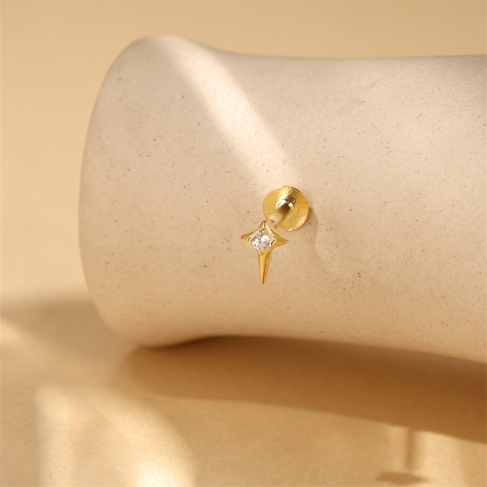 S925 Sterling Silver Gold Plated North Star CZ Flat Back Cartilage Earring