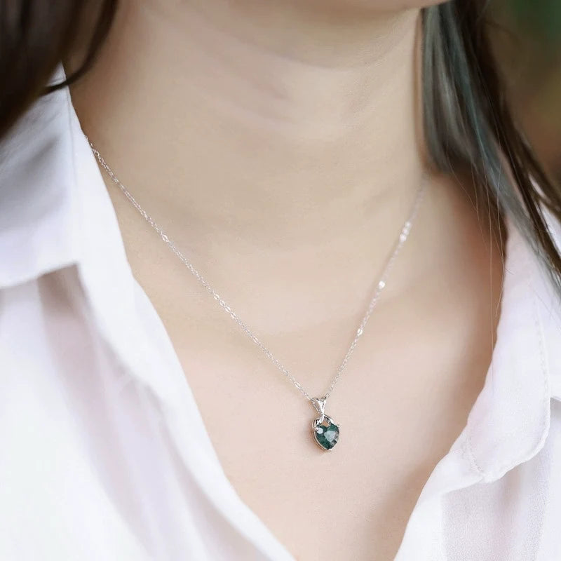 Heart Cut Moss Agate Classic Necklace for Girlfriend - Bryony