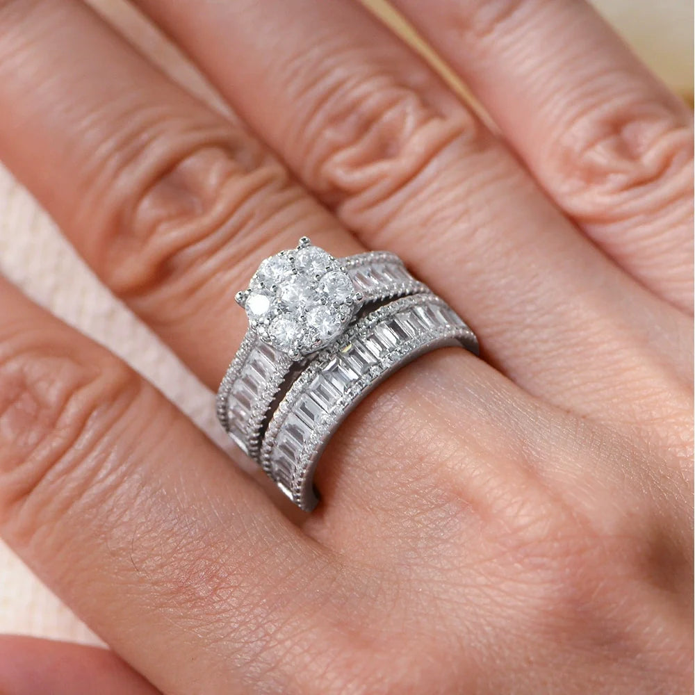 Sculpted Round Cut 2.0ct Pave Ring Sets In Sterling Silver