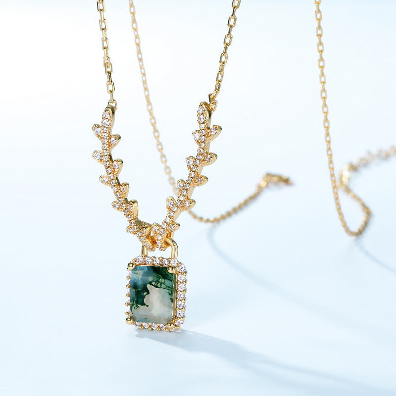 Emerald Cut Moss Agate Halo Pendant & Vine Necklace For Girlfriend - "Forest Locket"