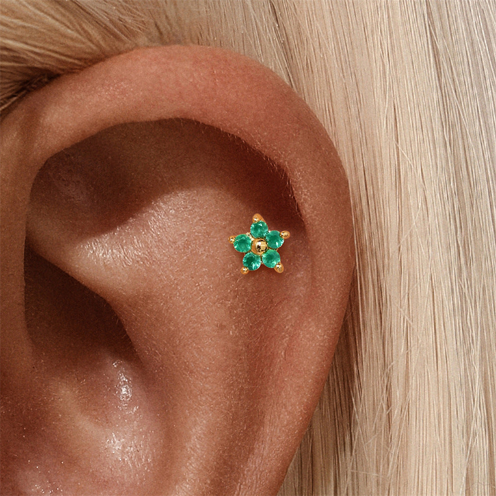 S925 Sterling Silver Gold Plated Green Zircon Flower Flat Back Cartilage Earring