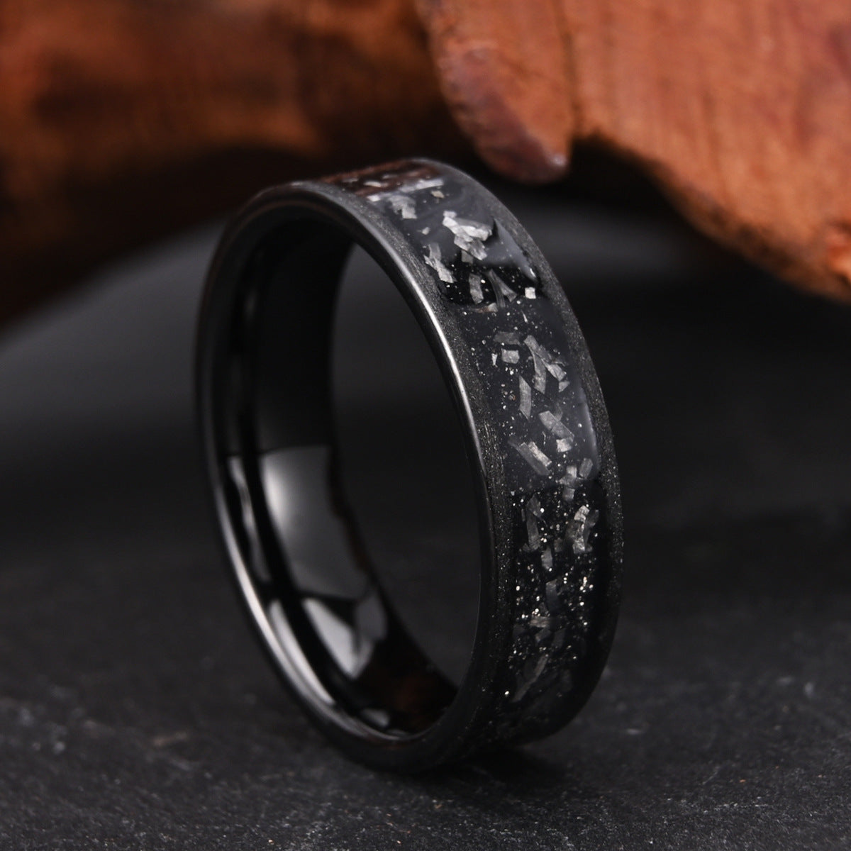 6mm men's wedding band Couple Ring Tungsten Steel Inlaid Meteorite Slice Black Sandblasted