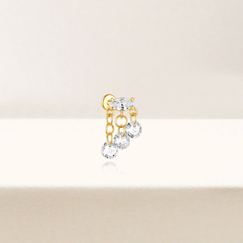 S925 Sterling Silver Gold Plated Marquise & Round CZ Chain Fringe Flat Back Cartilage Earring