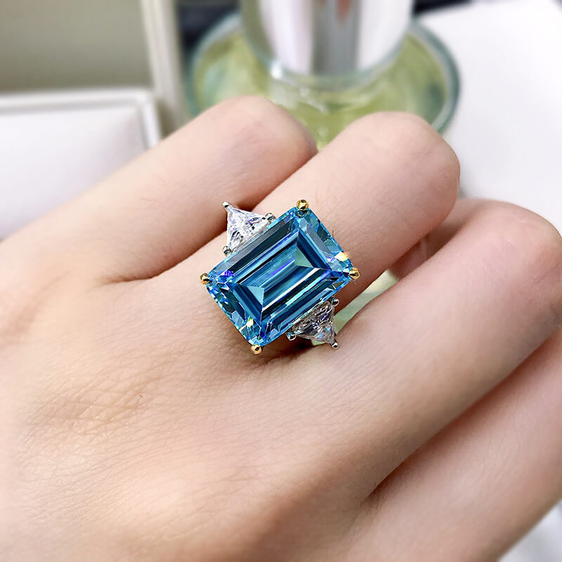 Bright Emerald Cut Blue Stone Sterling Silver Engagement Ring