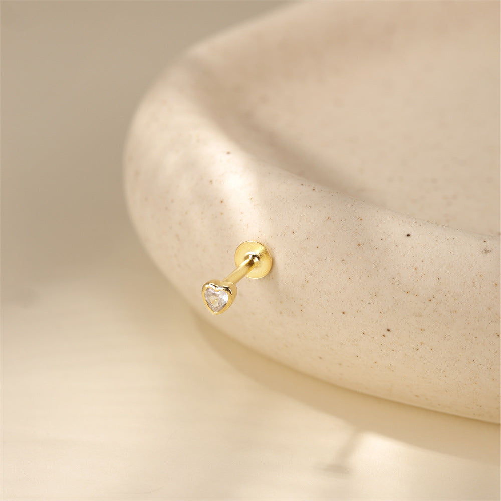 S925 Sterling Silver Gold Plated Heart-Shaped CZ Flat Back Cartilage Earring