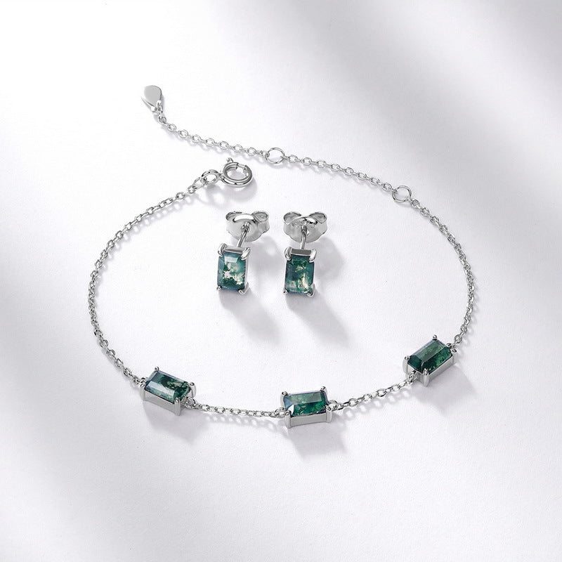 Mossgrove - Emerald Cut Moss Agate Solitaire Classic Stud Earrings