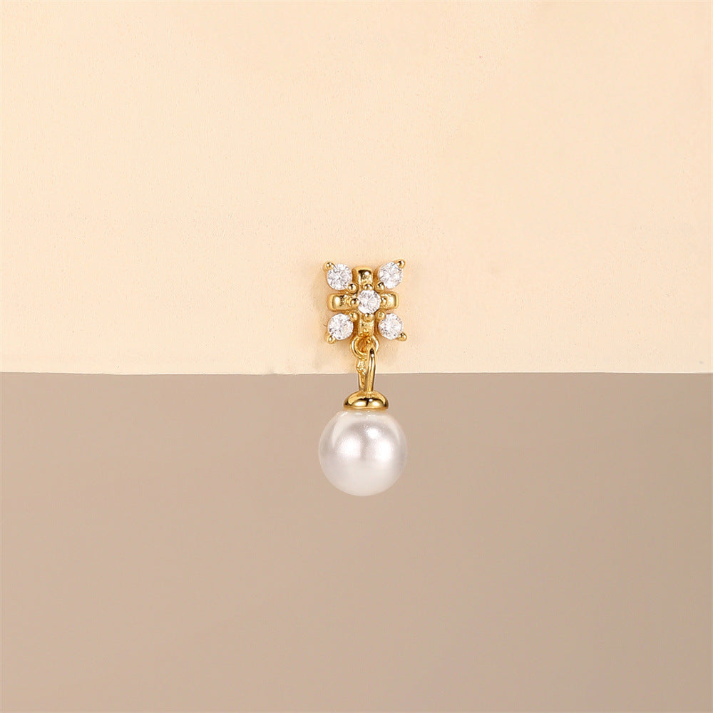 S925 Sterling Silver Gold Plated Flower CZ with Pearl Drop Flat Back Cartilage Earring