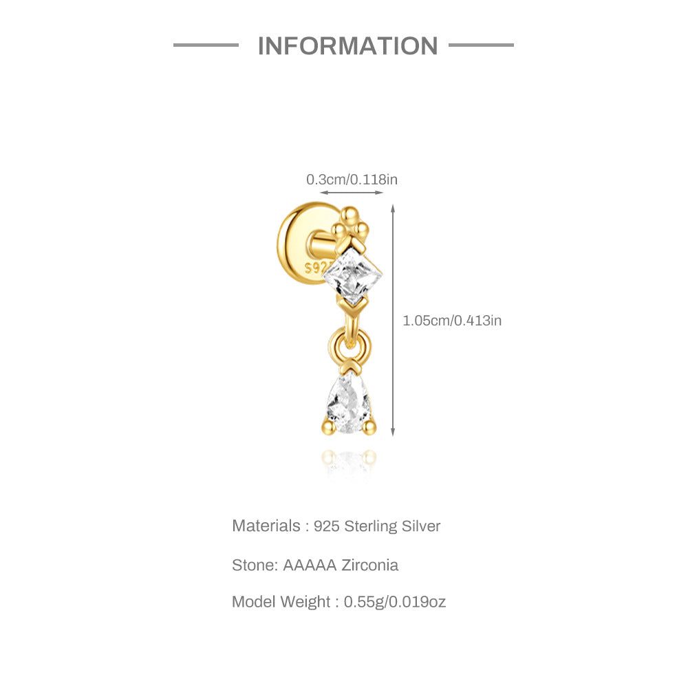 S925 Sterling Silver Gold Plated Princess & Pear Cut CZ Dangle Flat Back Cartilage Earring