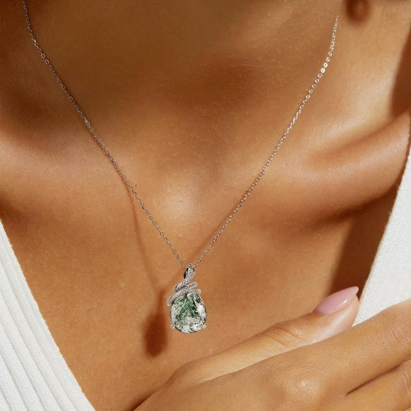 Kite Cut Lab Emerald Mystical Serpent Carved Nature Inspired Necklace - Cloak