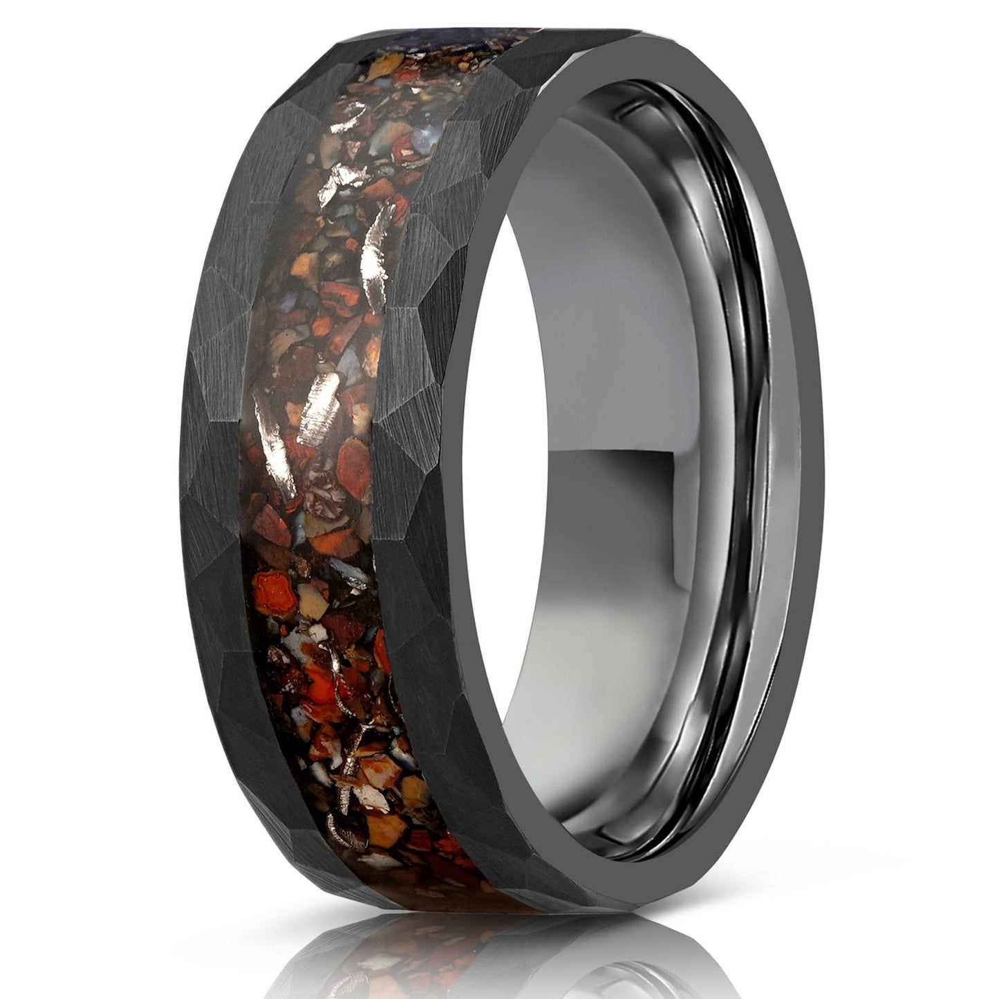 8mm tungsten men's wedding band steel hammered black ring Inlaid dinosaur fossils
