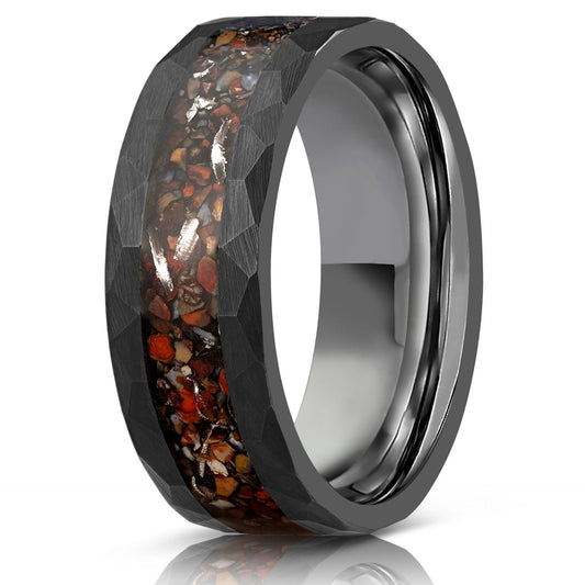 8mm tungsten men's wedding band steel hammered black ring Inlaid dinosaur fossils