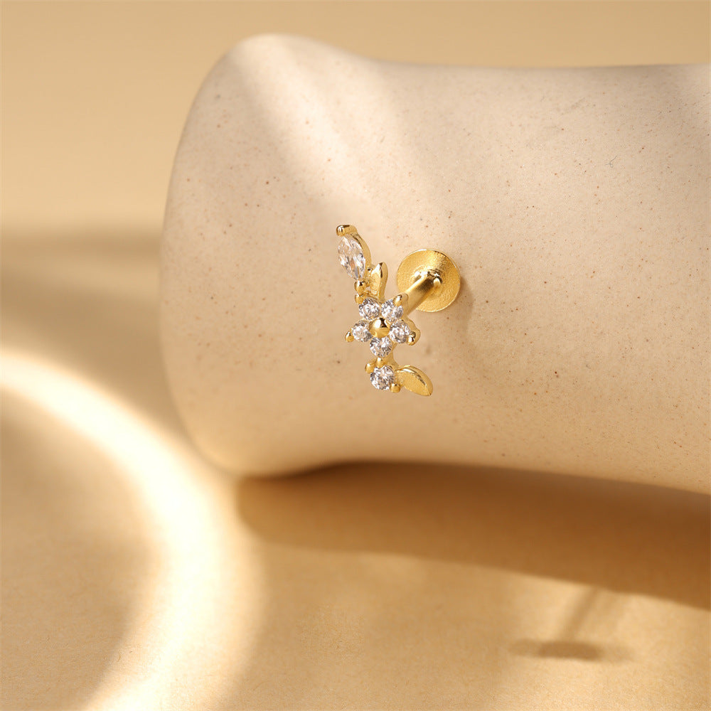 S925 Sterling Silver Gold Plated Flower & Leaf CZ Flat Back Cartilage Earring