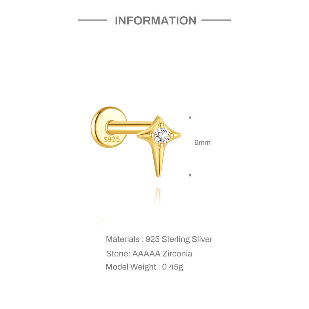 S925 Sterling Silver Gold Plated North Star CZ Flat Back Cartilage Earring