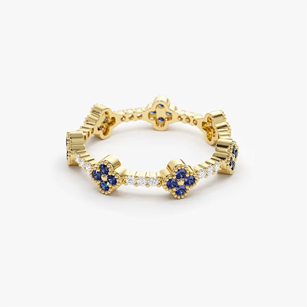 Floral Blue Gemstone Band Ring in 925 Sterling Silver