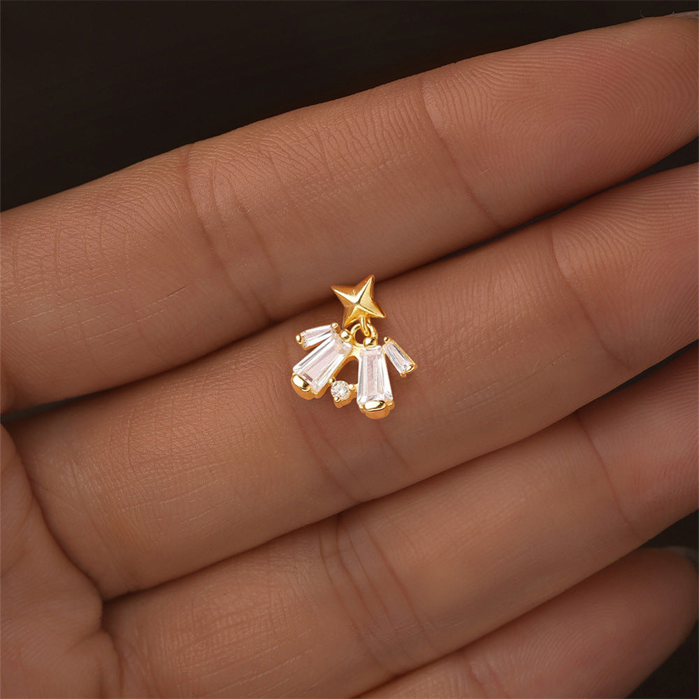 S925 Sterling Silver Gold Plated Star Top with Baguette CZ Fringe Dangle Flat Back Cartilage Earring