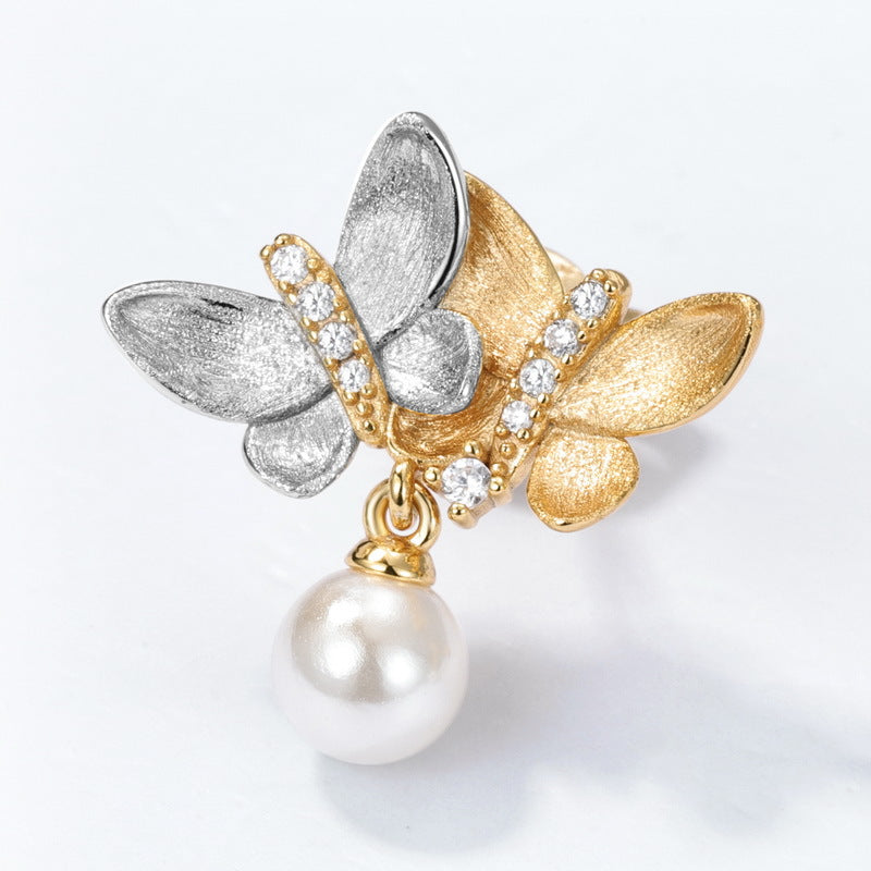 Two Tone Gold Hand-Brushed Butterfly Stud Earrings â€?Sparkling Rhinestones & Pearls