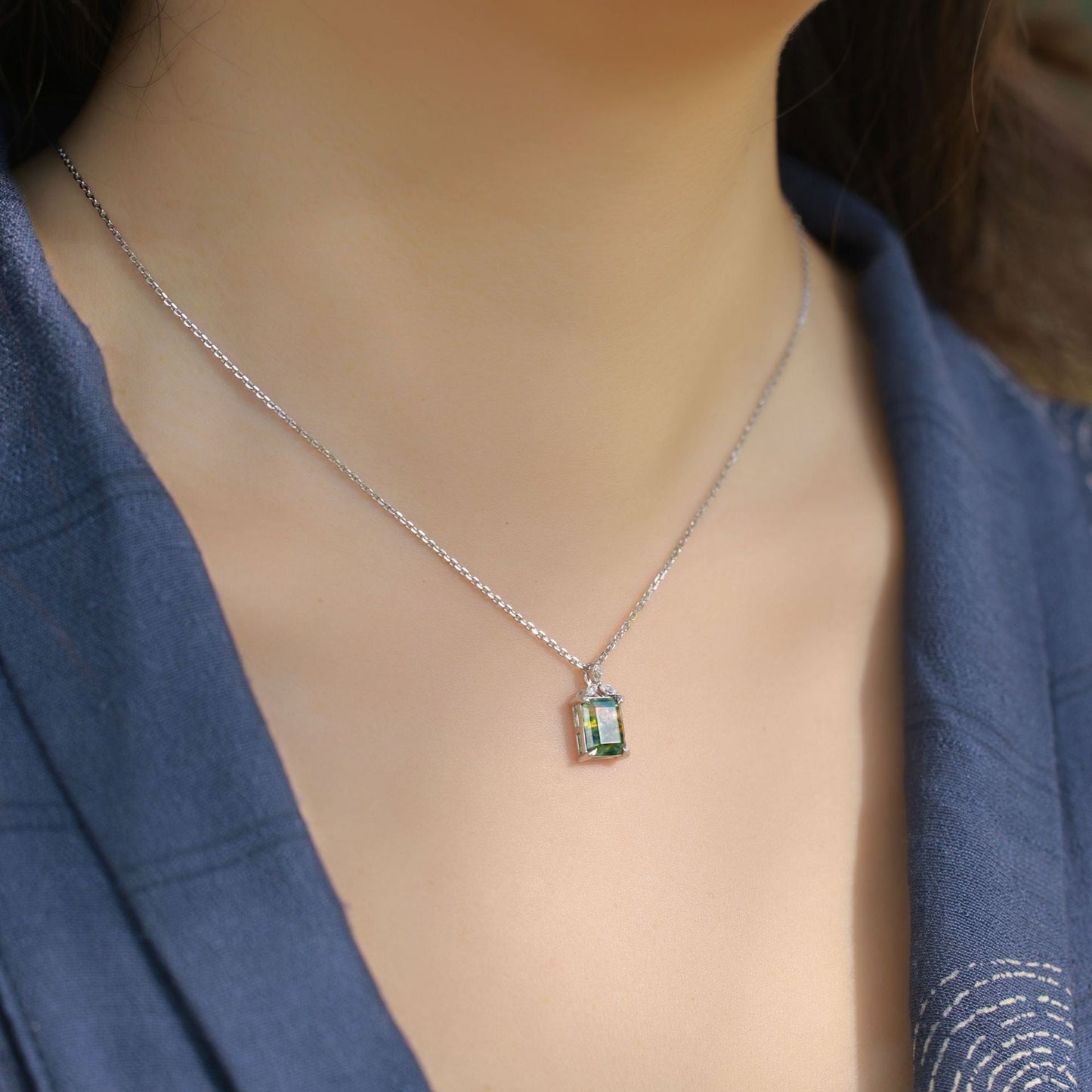 Emerald Cut Moss Agate  Accent Pendant Necklace For Girlfriend - "Verdant Throne"