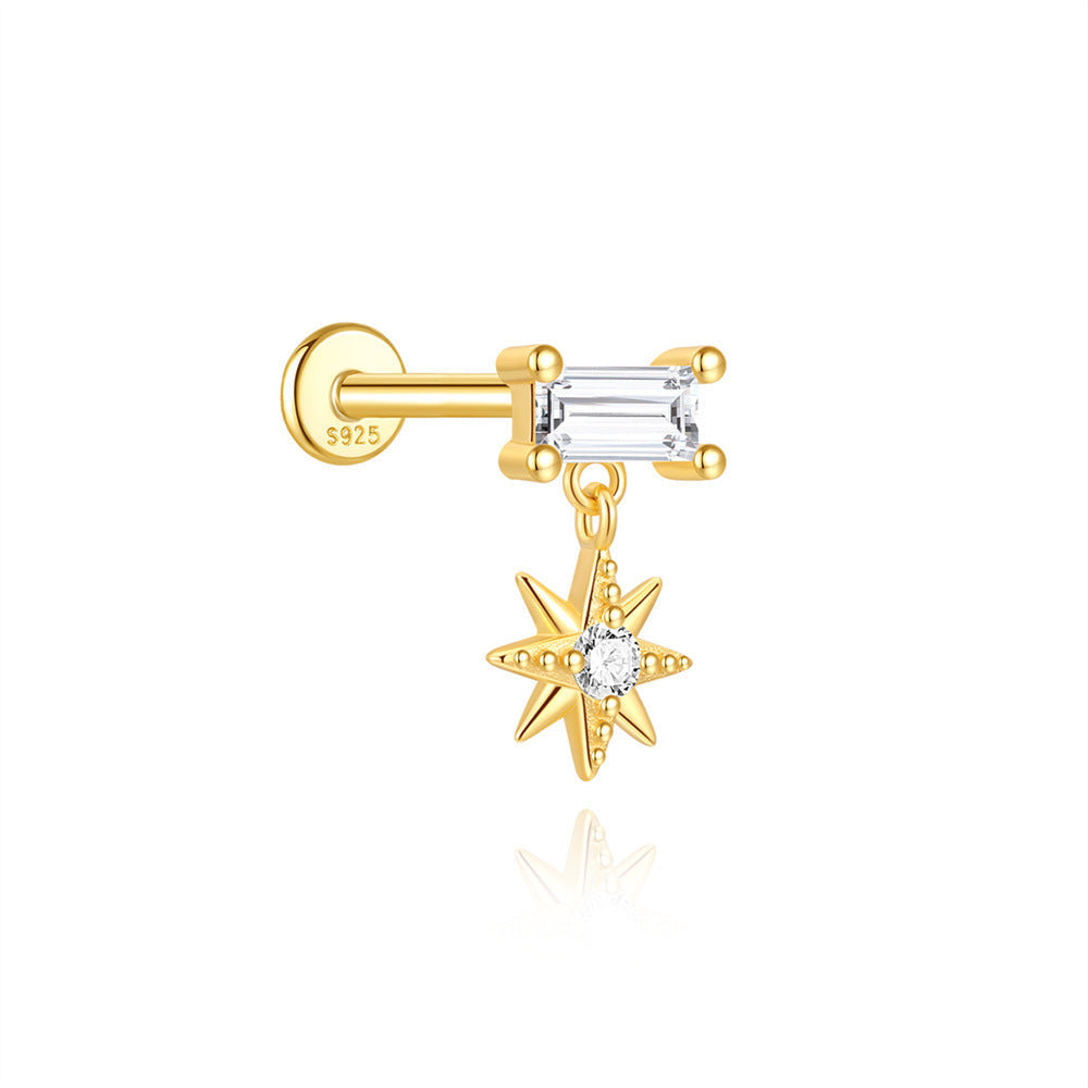 S925 Sterling Silver Gold Plated Baguette CZ with North Star Dangle Flat Back Cartilage Earring
