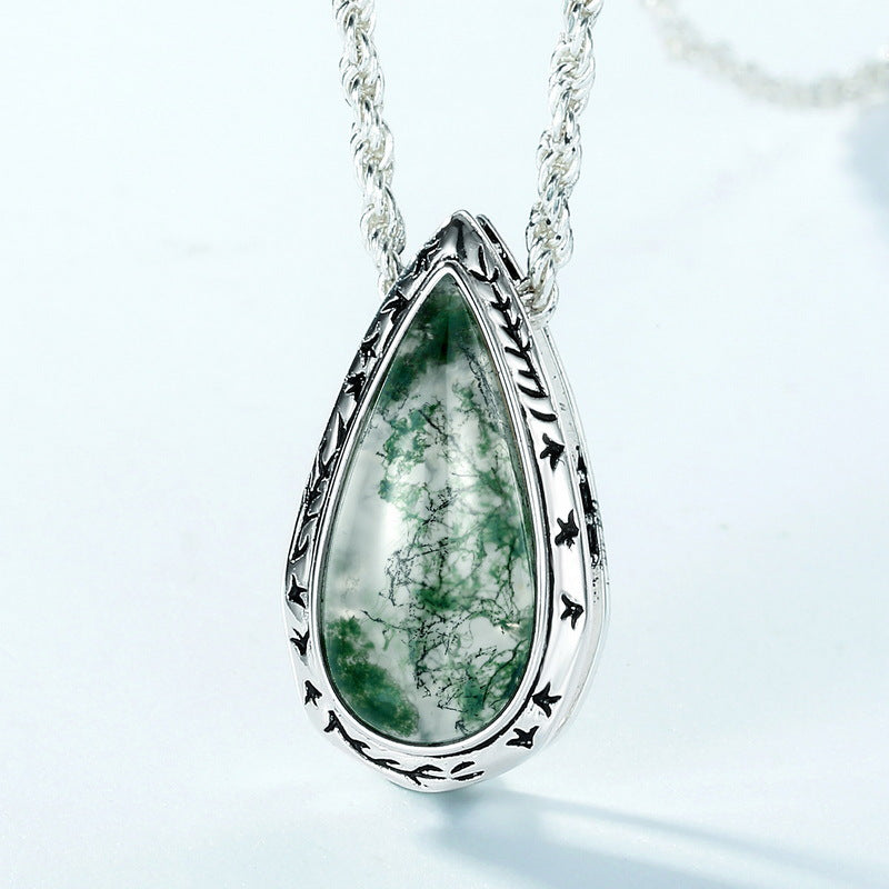 Pear Cut Moss Agate Gothic Textured Pendant Necklace For Girlfriend - "Verdant Droplet"