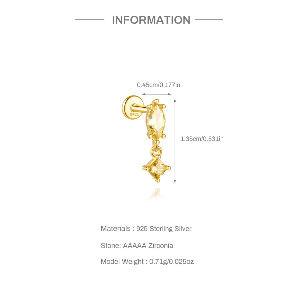 S925 Sterling Silver Gold Plated Yellow Marquise & Princess Cut CZ Dangle Flat Back Cartilage Earring