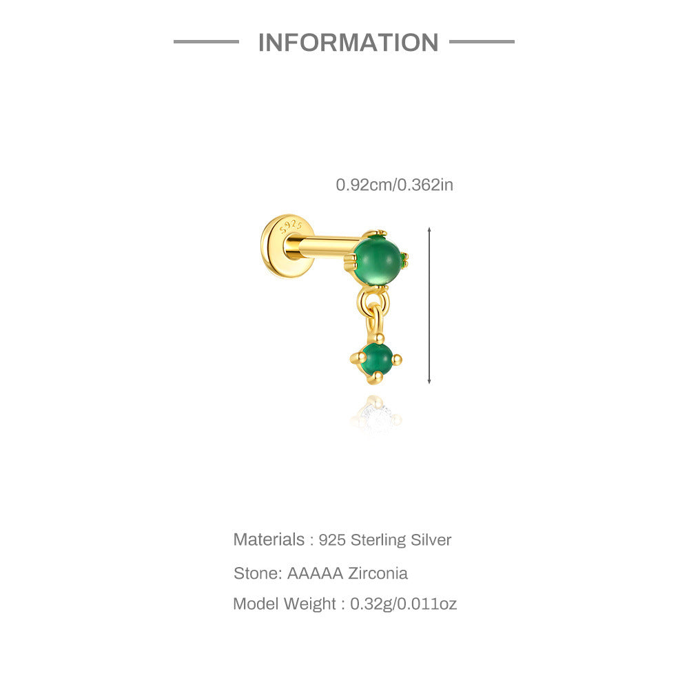 S925 Sterling Silver Gold Plated Green Zircon Drop Flat Back Cartilage Earring