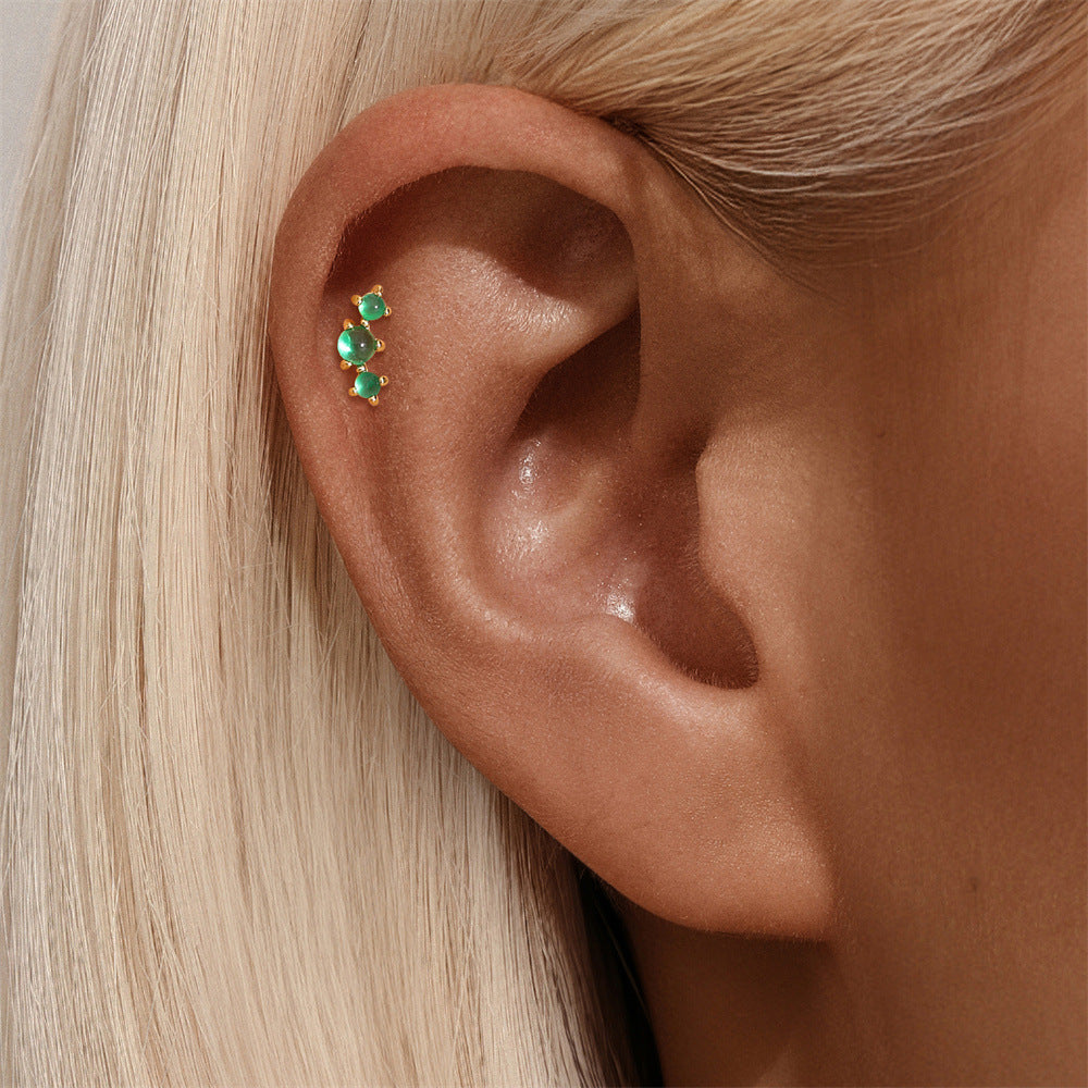 S925 Sterling Silver Gold Plated Three-Stone Green Zircon Linear Flat Back Cartilage Earring