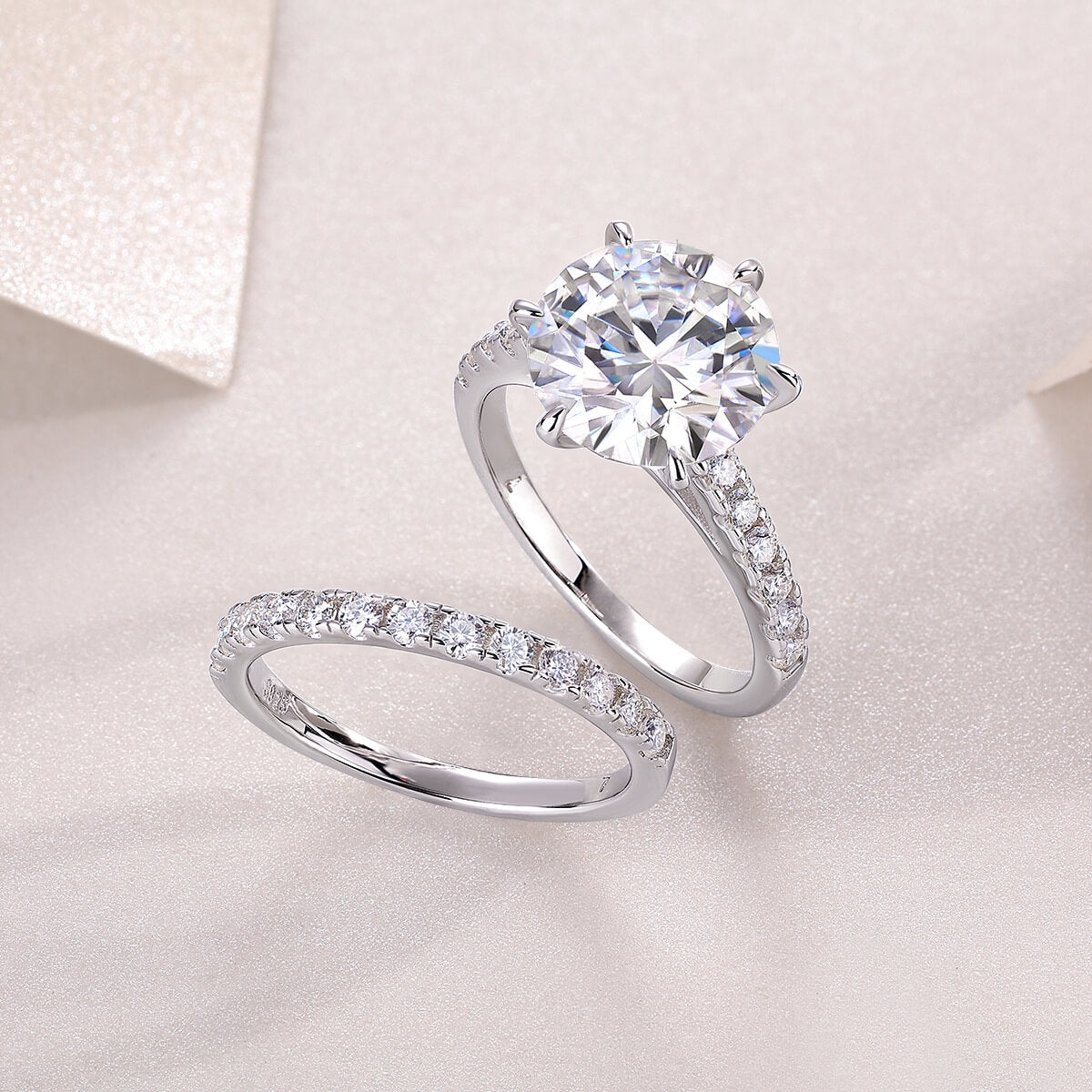 Round Cut Moissanite White Gold Plated 925 Sterling Silver Bridal Set Rings